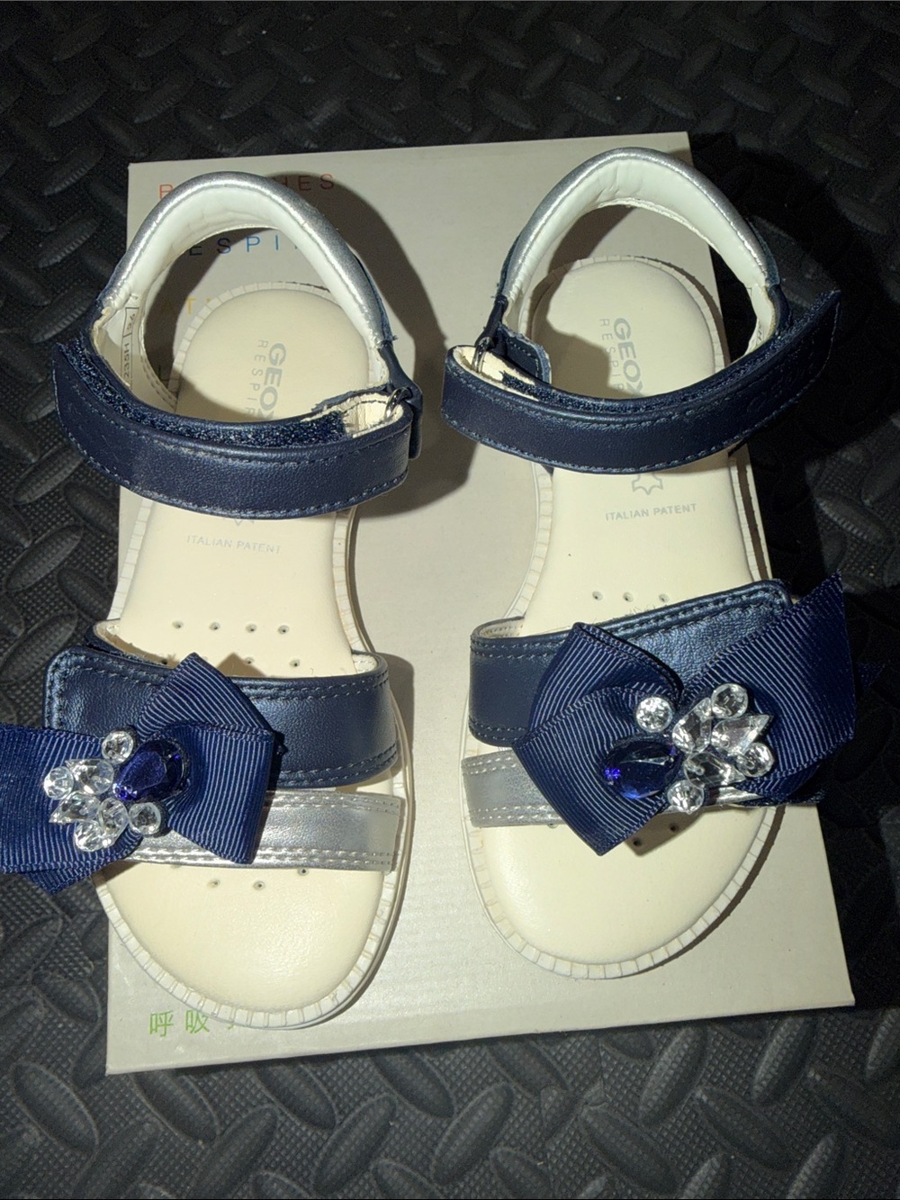 Geox Girls Navy and Cream Bow Sandals with Crystal Accents
